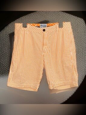 Old School Men’s Orange Stripe Seersucker Flat-Front Men’s Shorts-32”-EC